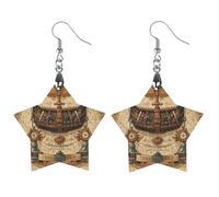 Antique Treasure Map Wooden Earrings for Women, Vintage Elegant Wood Jewelry, Lightweight Earrings for Wedding, Party, Everyday Jewelry Gift, Star, Wood, wood