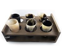 Antique Vibes Viking Wolf Carved Horn Mug/Cups - Safely Holds Wine Beer Mead Tall Drinking Mug with Holder Tray (Set of 6 | 170 ml Approx.)