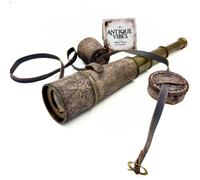 Antique Vibes Vintage Style Telescope, Decorative Handheld Brass Spyglass with Cover/Cap and Strap, Embossed Pattern Design, Gift for Collectors, Hiking, Decor - 18" Expandable