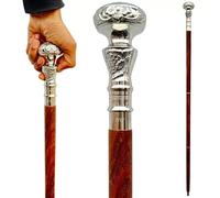 Antique Victorian Designer Brass Sliver Finish Handle Wooden Walking Stick Cane
