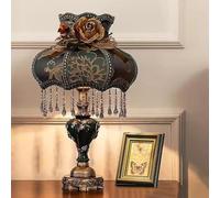 Antique Victorian Lamp Blue Fabric Table Lamp Vintage Floral Bedside Lamp European Pastoral Nightstand Light Rose Flower Desk Lamp with Beaded Tassel for Living Room Bedroom