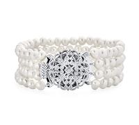 Antique Vintage Art Deco Style Wide Statement Bridal Four Multi Strand White Freshwater Cultured Pearl Bracelet For Women, Wedding Silver Plated Brass 7"