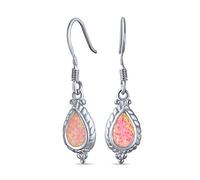 Antique Vintage Style Cable Milgrain Cameo Style Teardrop Iridescent Pink Created Opal Drop Dangle Earrings For Women .925 Sterling Silver French Wire