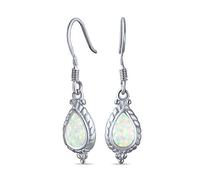 Antique Vintage Style Cable Milgrain Cameo Style Teardrop Iridescent White Created Opal Drop Dangle Earrings For Women .925 Sterling Silver French Wire