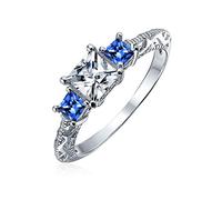 Antique Vintage Style Milgrain Simulated Blue Sapphire Alternating Three Stone Princess Solitaire AAA CZ Anniversary Engagement or Wedding Ring Set For Women .925 Sterling Silver