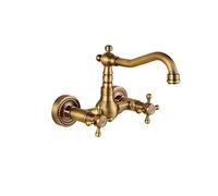 Antique Wall-Mounted Kitchen Faucet Hot and Cold Water Mixer Copper Double Handle Swivel Spout Retro Sink Rotated