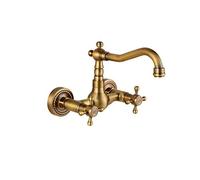 Antique Wall-Mounted Kitchen Faucet Hot and Cold Water Mixer Copper Wall-Mounted Double Handle Swivel Spout Retro Kitchen Sink Faucet Rotated