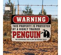 Antique Warning This Property is Protected by Penguin Aluminum Sign 8x12 inches, Penguin Lovers Gifts for Men Women, Rustic Sideway Decorative Iron Painting for Walkway Outdoor Yard