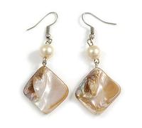 Antique White Shell Bead Drop Earrings In Silver Tone - 60mm Long