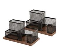 Antique Wood & Mesh Pen Holder Office Supplies Caddy, Storage Baskets for Desktop Accessorieswith Sticky Notes Holder,3 Compartments（2 Pcs Black）