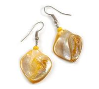 Antique Yellow Shell Bead Drop Earrings In Silver Tone - 50mm Long