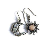 Antiqued Silver Sun and Moon Hook Earrings Bohemia Celestial Moonstone Earrings