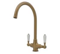 Antiquity Antique Brass Kitchen Mixer Tap with Swan Spout and Dual Ceramic Handles - Traditional Design