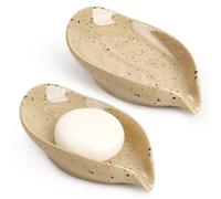 ANTIS'S HOME Ceramic Soap Dish, Leaf-Shaped Ceramic Soap Holders with Drainage & Self-Draining Bar Soap Tray Compact Soap Saver Bathroom Accessory for Kitchen Sink or Shower - 2-Pack, Light Brown