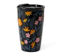 ANTIS'S HOME Ceramic Travel Mug with Lid, 285ml Double Wall Coffee Mug with Elegant Black Floral Pattern, Modern Reusable Tea Tumbler Cup for Hot Drinks, Stylish Gift for Office, Home & Christmas