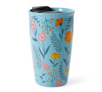 ANTIS'S HOME Ceramic Travel Mug with Lid, Double Wall Coffee Cup with Flower Pattern, Reusable Tumbler for Hot Drinks, Microwave & Dishwasher Safe, Gift for Office, Home & Christmas, Blue