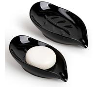 ANTIS'S HOME Leaf-Shaped Ceramic Soap Dish, 2-Pack - Black Porcelain Soap Holders for Bathroom & Kitchen, Non-Slip, Water Drainage