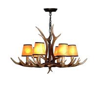 Antler Pendant Light Fixture - E14 Vintage Resin Chandelier with Adjustable Fabric Lampshade - Retro Deer Horn Design for Dining Room Hallway Bedroom Decor 220V