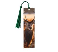 Antler Red Deer Wooden Bookmarks 5 Pcs,Handmade Double-Sided Printed Book Marks Page Markers with Dark Green Tassels Book Accessories Gift for Book Lovers Women Men