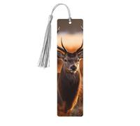 Antler Red Deer Wooden Bookmarks 5 Pcs,Handmade Double-Sided Printed Book Marks Page Markers with Gray Tassels Book Accessories Gift for Book Lovers Women Men