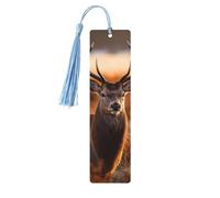 Antler Red Deer Wooden Bookmarks 5 Pcs,Handmade Double-Sided Printed Book Marks Page Markers with Sky Blue Tassels Book Accessories Gift for Book Lovers Women Men