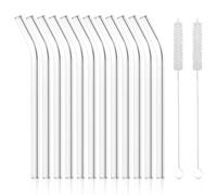 Antner 12 Pack Reusable Glass Straw, 8.5" x 10MM Bent Clear Glass Drinking Straws for Hot & Cold Drinks, 2 Cleaning Brushes Included