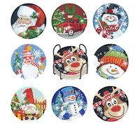 AntoKueh 8 Pcs Christmas Diamond Art Coasters Kit with Extra Glue/Diamonds, Santa Gifts, 5D DIY Diamond Painting Coasters with Holder, Non Slip Coaster Art Supplies for Adults in Car/Home/Bar