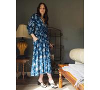 Antonia York Floral Dress - Manon Relaxed Fit Dress with 3/4 Sleeves & Gathered Skirt - Blue - Large UK/AU 16-18 US 12-14 EU 44-46