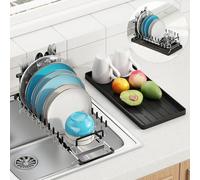 ANTOPY Small Dish Drying Rack - Expandable 304 Stainless Steel Rustproof Dish Rack Over Sink with Silicone Drying Mat & Cutlery Holder, Compact Dish Drainer for Kitchen Counter, Inside Sink, Silver