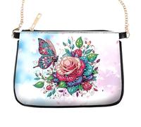 antor DIY Diamond Painting Leather Crossbody Bag with Chain Strap, Rose and Butterfly Pattern Handmade Rhinestone Diamond Art Shoulder Bag, Fashion DIY Diamond Painting Craft Kit for Women