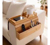 ANTREATU Bamboo Sofa Arm Tray, Anti-Slip Foldable Bamboo Tray with Cup Holder, Phone Holder and Storage Compartments, Detachable Couch Arm Table Perfect for Drinks, Phone, Remote, Snacks, Magazines