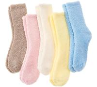 ANTSANG 5 Pairs Fuzzy Socks for Women Men Slipper Fluffy Cozy Warm Winter Thick Plush Crew Socks(Beige/Pink/Yellow,3-7)