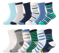 ANTSANG Baby Boys Grips Socks Kids Toddlers Infants Non Slip/Anti Skid Crew Cotton Socks 12 Pairs (Blue Striped(12 Pairs),5-8 Y)