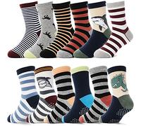 ANTSANG Baby Boys Grips Socks Kids Toddlers Infants Non Slip/Anti Skid Crew Cotton Socks 12 Pairs (Brown Striped(12 Pairs),9-14 Years)