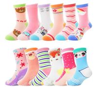 ANTSANG Baby Girls Toddlers Grips Socks Kids Non Slip/Anti Skid Unicorn Striped Crew Cotton Socks 12 Pairs Gift Stocking Fillers(Animal(12 Pairs),6-12 Months)