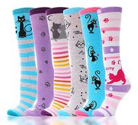 ANTSANG Girls Knee High Long Socks for Child 6 Pairs Fun Animal Pattern Tall Crazy Cute Girls Gift Boot Funny Kids Socks（ Cat L，3-12 Years Old）