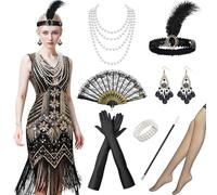 Antsparty 1920s Flapper Dresses for Women, 9PCS Fringed Sequin Dress with 20s Accessories, Vintage 20s Costumes for Women Ladies