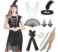 Antsparty 1920s Flapper Dresses for Women, 9PCS Fringed Sequin Dress with 20s Accessories, Vintage 20s Costumes for Women Ladies
