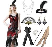 Antsparty 1920s Flapper Dresses for Women, 9PCS Fringed Sequin Dress with 20s Accessories, Vintage 20s Costumes for Women Ladies