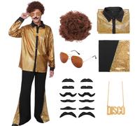 Antsparty 70s Disco Costume Mens, 70s Fancy Dress Set with Flared Pants Shirt Wig Necklace Glasses Beard, Mens Disco Hippie Costume for 60s 70s Themed Party Halloween