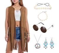 Antsparty 70s Fancy Dress Women Hippie Costume Set with Fringe Vest Glasses Necklace Earrings Headband, 60s 70s Disco Outfits for Retro Themed Party