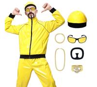 Antsparty 90s Rapper Celebrity Ali g Costume Adult, 90s 80s Yellow Shell Suit with Necklace Glasses Beard, 90s Fancy Dress Costume for Carnival Party Halloween Stag Do
