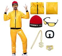 Antsparty 90s Rapper Celebrity Ali g Costume Adult, 90s 80s Yellow Shell Suit with Necklace Glasses Beard, 90s Fancy Dress Costume for Carnival Party Halloween Stag Do
