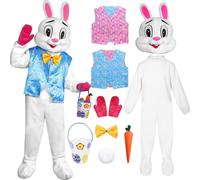 Antsparty Bunny Costume Adult, 8Pcs Deluxe Easter Rabbit Outfit with Reversible Vest Bow Basket, Rabbit Onesie Suit for Easter Costume Men Women