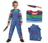 Antsparty Chucky Costume Kids Boys, Halloween Creepy Doll Costume Set with Striped Tops Jumpsuit, Horror Evil Doll Costumes for Halloween Cosplay Boys Girls