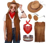 Antsparty Cowgirl Outfits for Women, Cowgirl Fancy Dress with Tassel Vest Cowboy Hat Red Bandana Sunglasses, 70s Hippy Fancy Dress for Western Cowboy Party