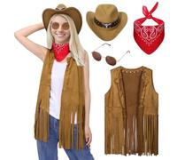 Antsparty Cowgirl Outfits for Women, Cowgirl Fancy Dress with Tassel Vest Cowboy Hat Red Bandana Sunglasses, 70s Hippy Fancy Dress for Western Cowboy Party