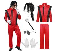 Antsparty Dancer Rocker Star Costume, 80s Pop Costume Set with Red Jacket and Trousers Glove Glasses, King of Pop Fancy Dress, Halloween Cosplay Role Playing