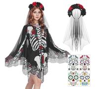 Antsparty Ghost Bride Costume Women Halloween Skeleton Bride Fancy Dress wth Shawl Rose Veil, Corpse Bride Costume Women Dead Bride Costume for Halloween Party