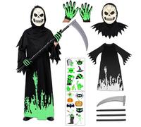 Antsparty Grim Reaper Costume Halloween Costume, Glow In The Dark Grim Reaper Set with Scythe Skull Mask Gloves, Scary Halloween Fancy Dress